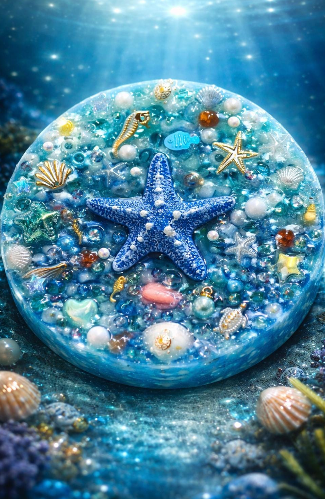 Underwater scene with a blue starfish and various sea creatures in a clear blue water setting.