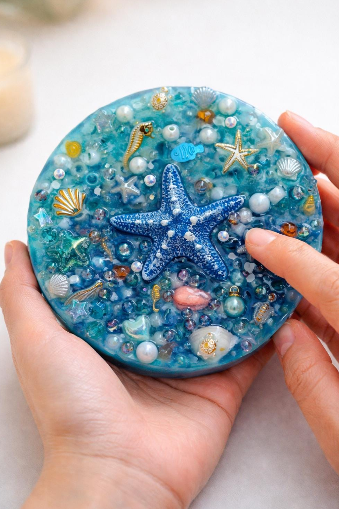 Hand holding a round, ocean-themed resin art piece with starfish, seashells, pearls, and miniature sea creatures.