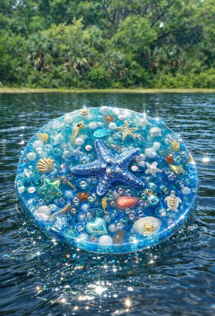 Decorative circular object with sea-themed elements floating on water